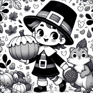 Coloring page of a pilgrim child, forest animal carrying a pumpkin pie