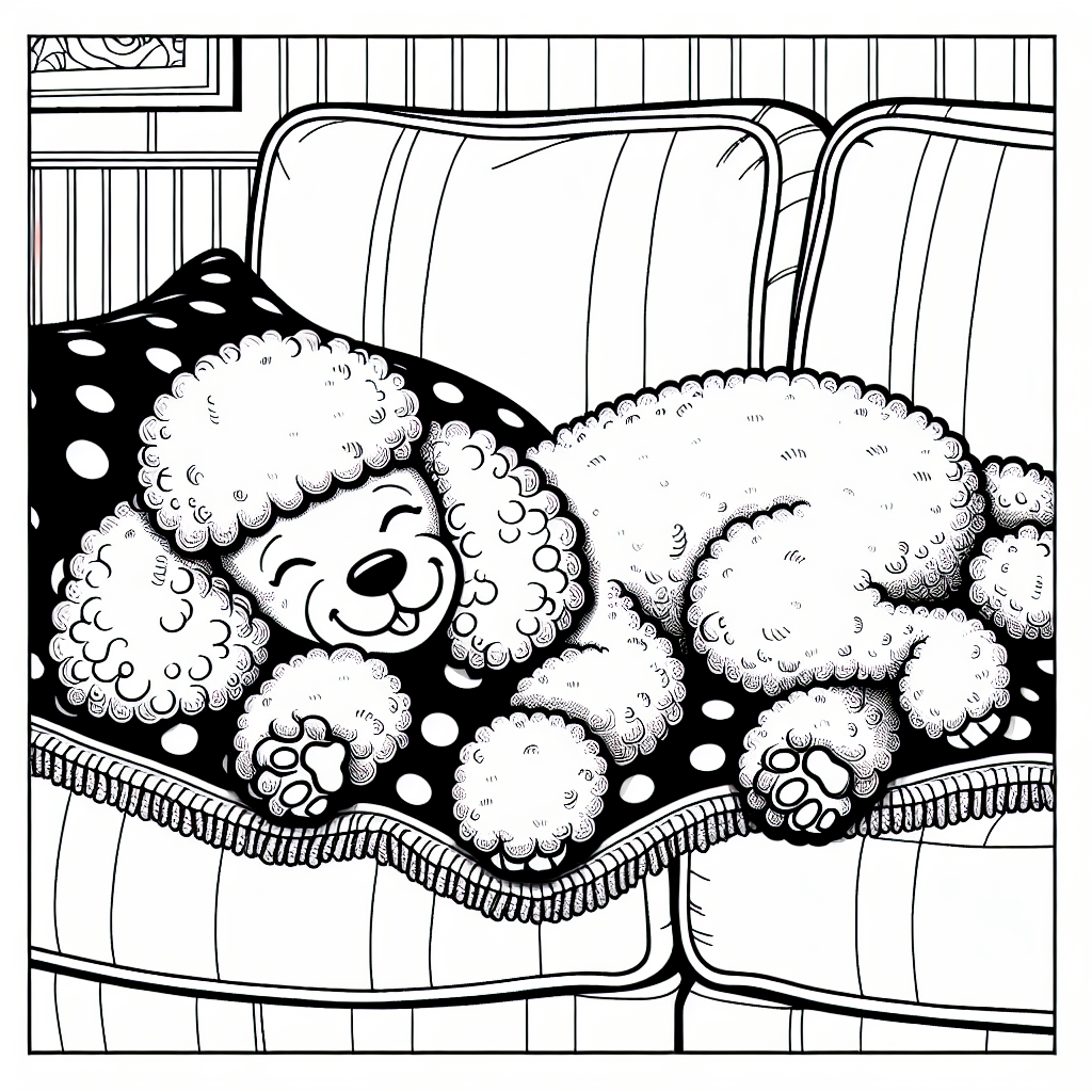 Coloring page of a Poodle dog, playful friend sleeping on a couch