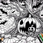Page à colorier d&rsquo;un personnage de citrouille, un sculpteur de citrouilles caché dans un arbre effrayant