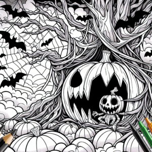 Coloring page of a pumpkin character, pumpkin carver hiding in a spooky tree