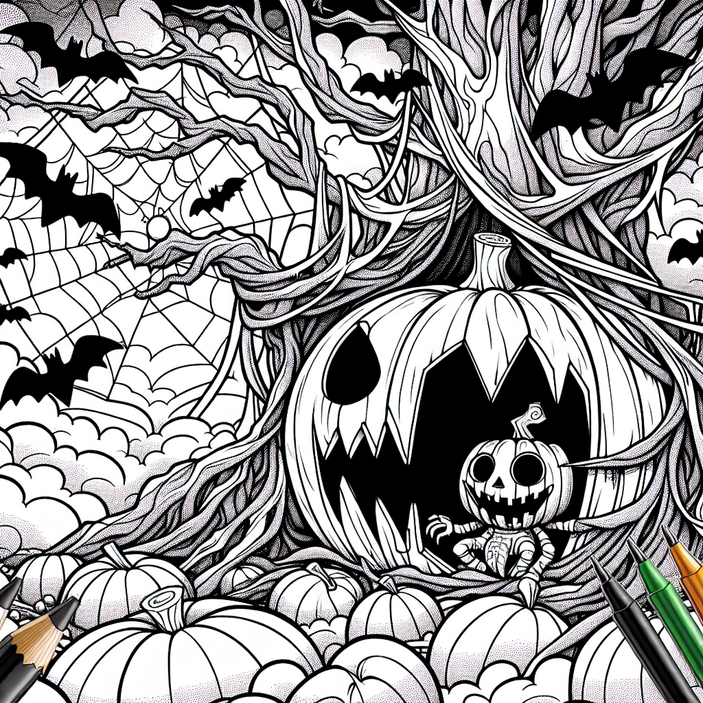 Coloring page of a pumpkin character, pumpkin carver hiding in a spooky tree