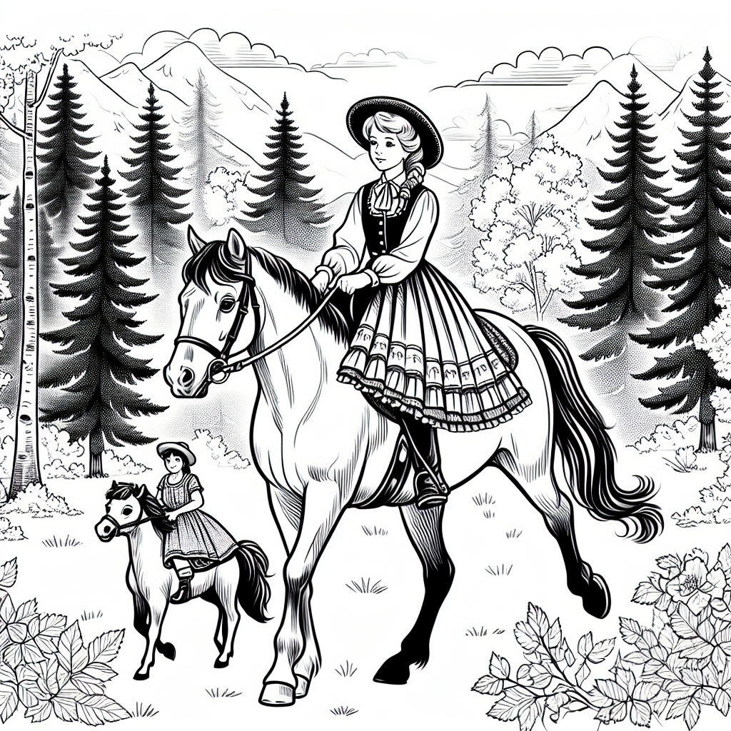 Coloring page of a Quarter Horse young woman on horseback, village girl on a pony riding through a forest