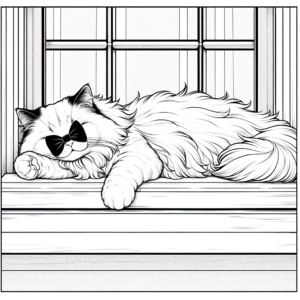 Coloring page of a Ragdoll cat, lazy napper stretching on a windowsill