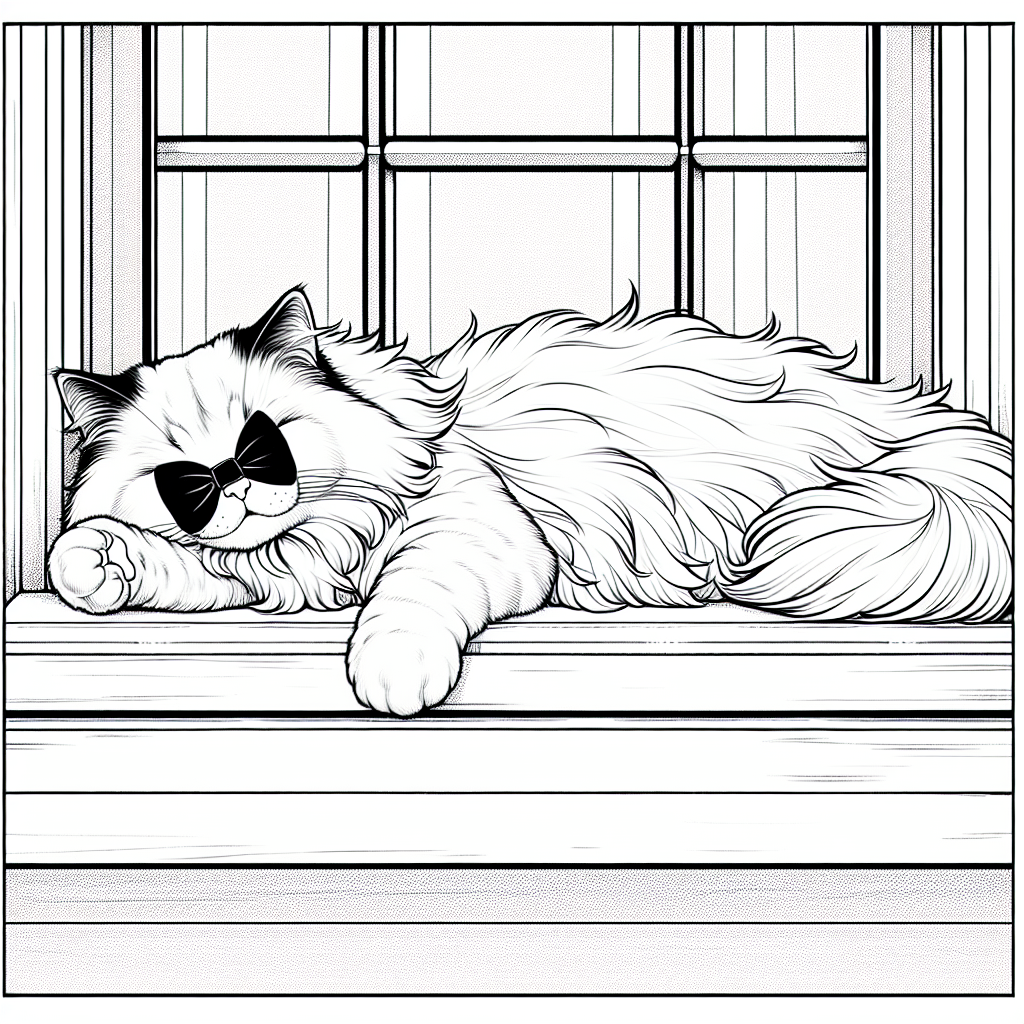 Coloring page of a Ragdoll cat, lazy napper stretching on a windowsill