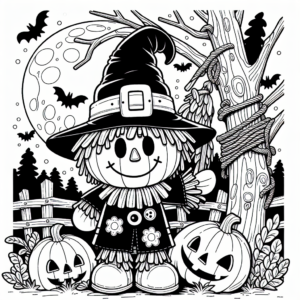 Coloring page of a scarecrow, trick-or-treater hiding in a spooky tree