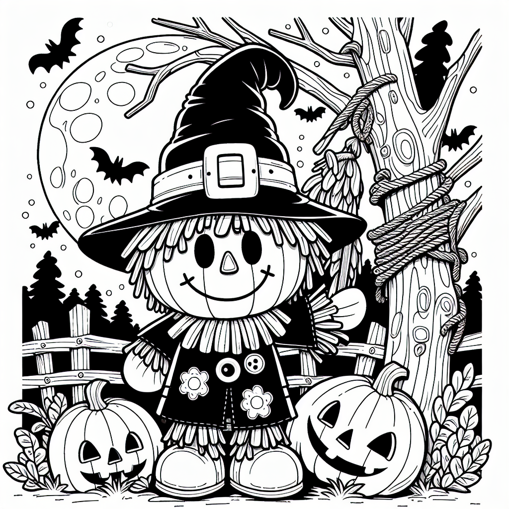 Coloring page of a scarecrow, trick-or-treater hiding in a spooky tree