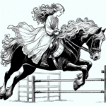 Coloring page of a Shire horse girl riding a horse, equestrian athlete jumping over a fence