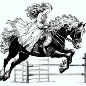 Coloring page of a Shire horse girl riding a horse, equestrian athlete jumping over a fence
