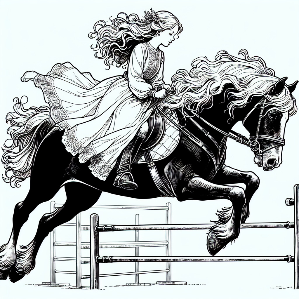Coloring page of a Shire horse girl riding a horse, equestrian athlete jumping over a fence