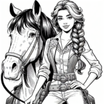 Coloring page of a Shire horse young woman on horseback, cowgirl posing proudly with her horse