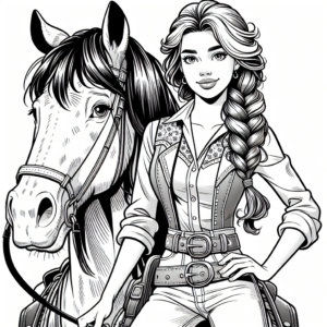 Coloring page of a Shire horse young woman on horseback, cowgirl posing proudly with her horse