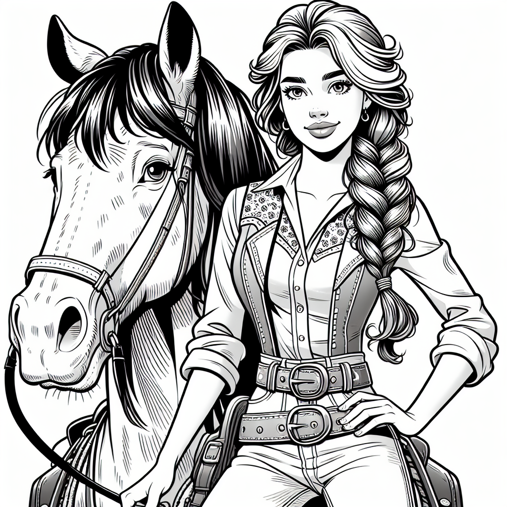 Coloring page of a Shire horse young woman on horseback, cowgirl posing proudly with her horse