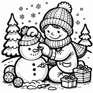 Coloring page of a snowman, gift giver building a snowman