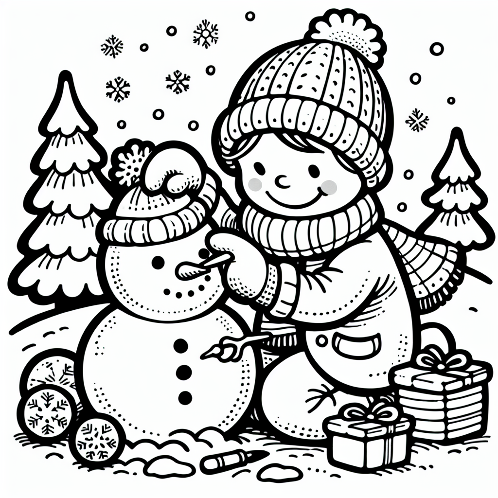 Coloring page of a snowman, gift giver building a snowman