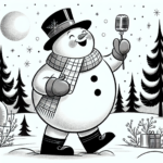 Coloring page of a snowman, gift giver singing carols