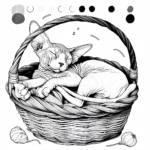 Coloring page of a Sphynx cat, lazy napper curled up in a basket