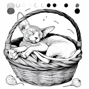 Coloring page of a Sphynx cat, lazy napper curled up in a basket