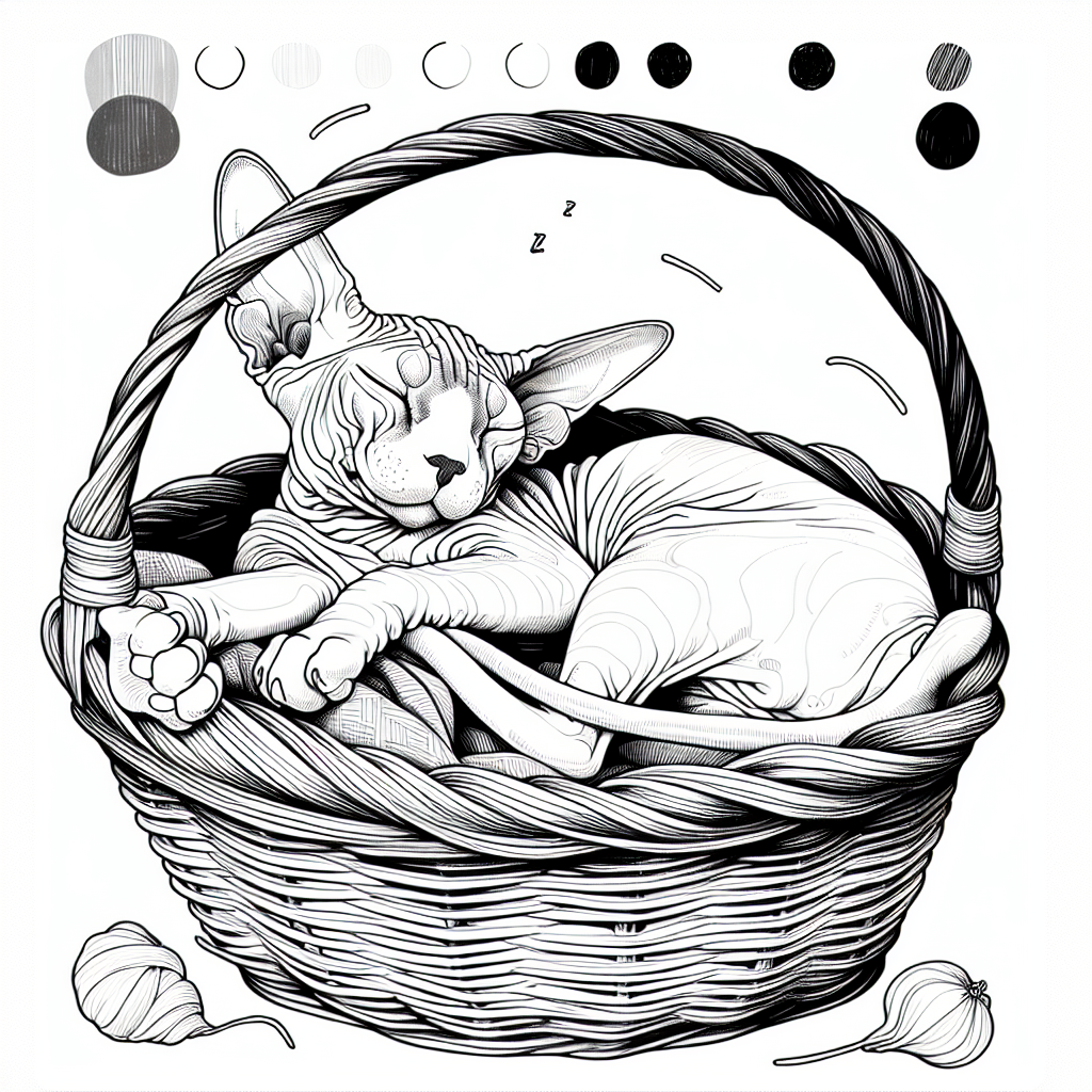Coloring page of a Sphynx cat, lazy napper curled up in a basket