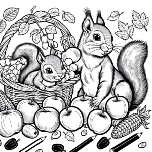 Coloring page of a squirrel with acorn, family member gathering apples