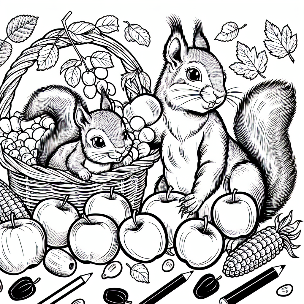 Coloring page of a squirrel with acorn, family member gathering apples