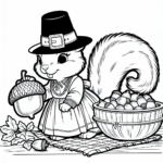 Coloring page of a squirrel with acorn, thanksgiving dinner guest preparing a feast