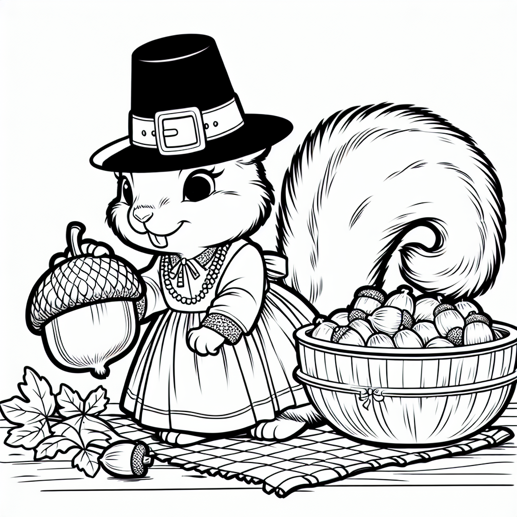 Coloring page of a squirrel with acorn, thanksgiving dinner guest preparing a feast