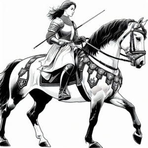 Coloring page of a Thoroughbred young woman on horseback, equestrian athlete posing proudly with her horse