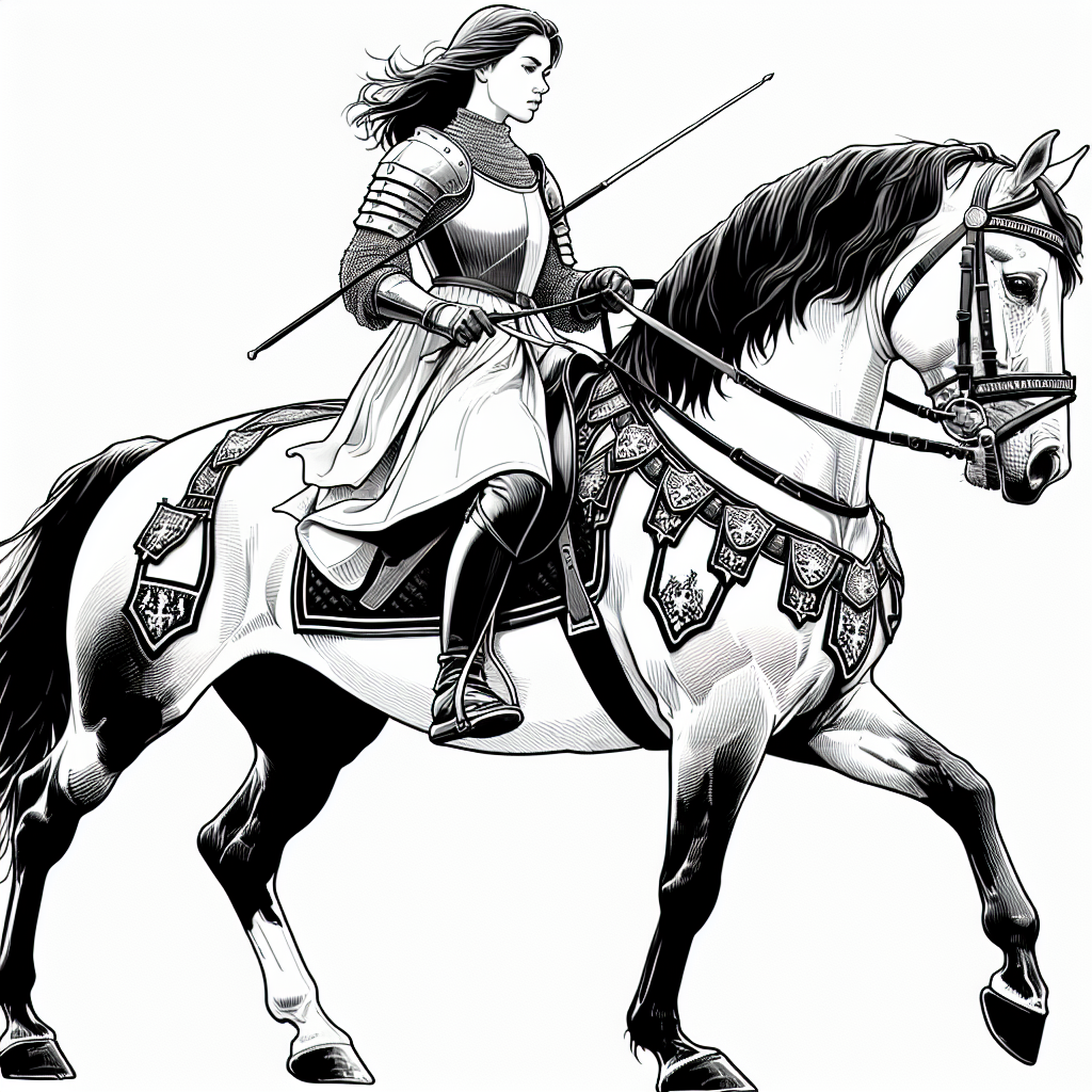 Coloring page of a Thoroughbred young woman on horseback, equestrian athlete posing proudly with her horse