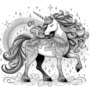 Coloring page of a unicorn, majestic creature posing gracefully