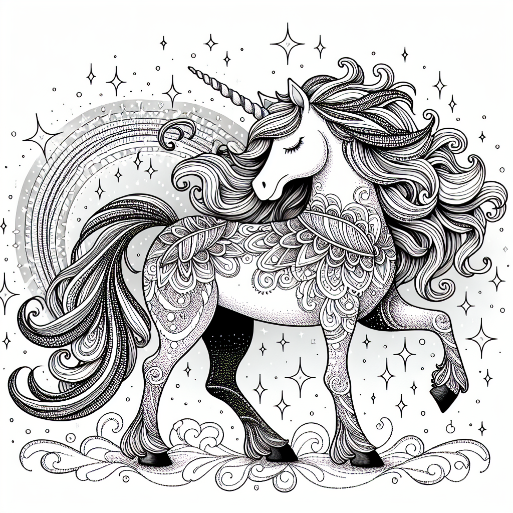 Coloring page of a unicorn, majestic creature posing gracefully