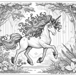Coloring page of a unicorn, star chaser wandering through an enchanted forest