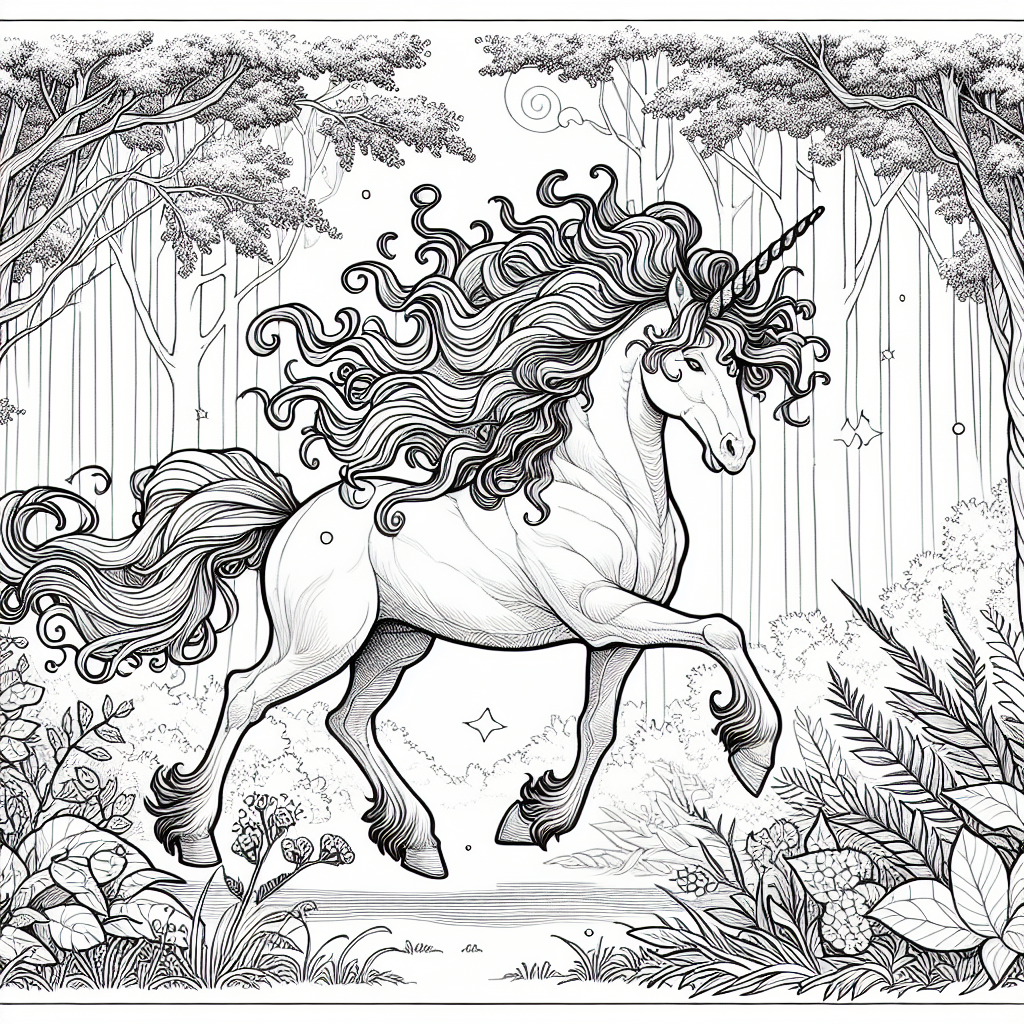 Coloring page of a unicorn, star chaser wandering through an enchanted forest