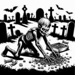 Coloring page of a zombie child, creepy crawler walking through a graveyard