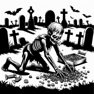 Coloring page of a zombie child, creepy crawler walking through a graveyard
