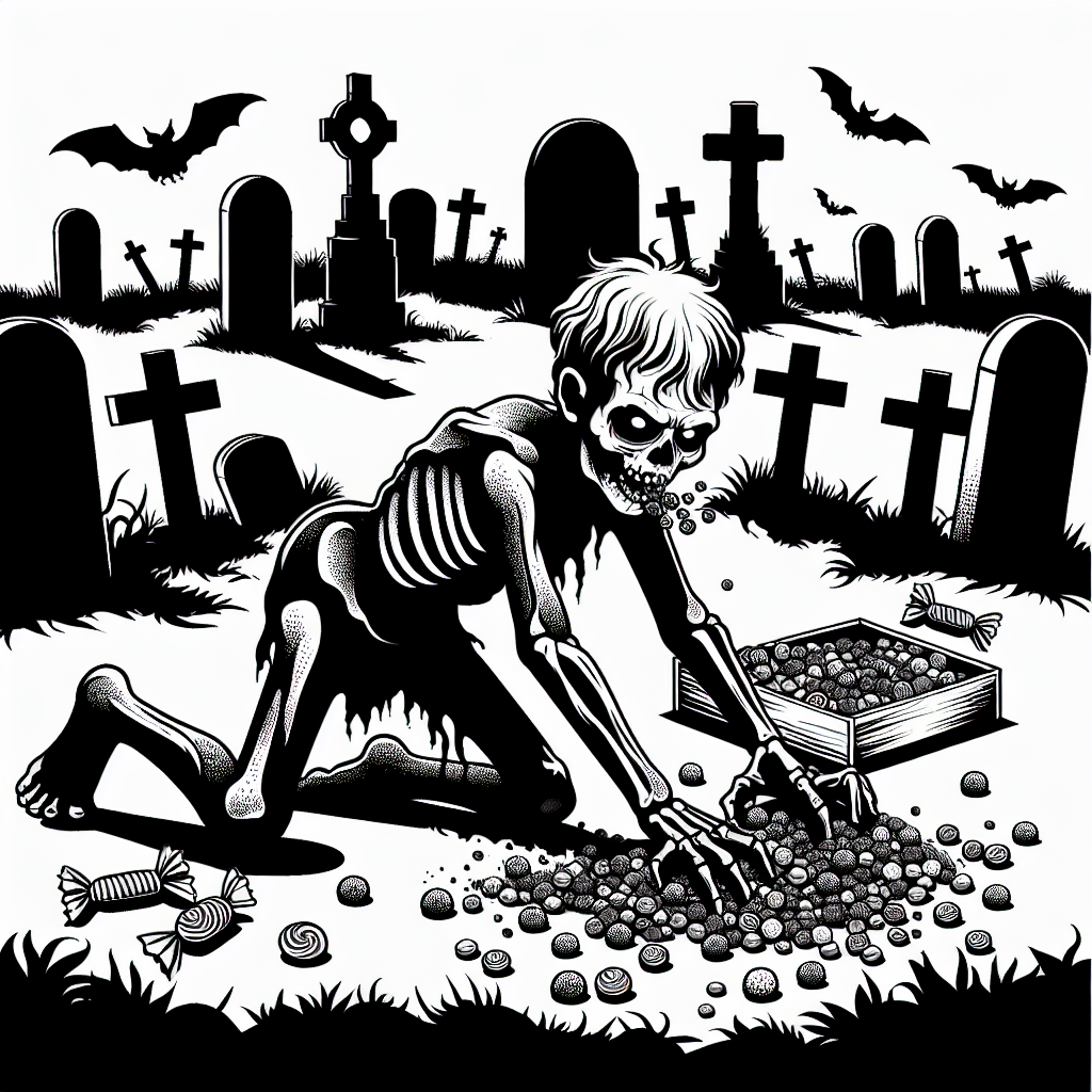 Coloring page of a zombie child, creepy crawler walking through a graveyard