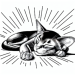 Page à colorier d’un chat Abyssin, petit minet malicieux dormant dans un rayon de soleil