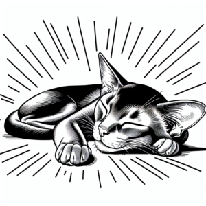 Coloring page of a Abyssinian cat, mischievous kitty sleeping in a sunbeam
