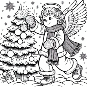 Coloring page of a angel, snowball thrower decorating a tree