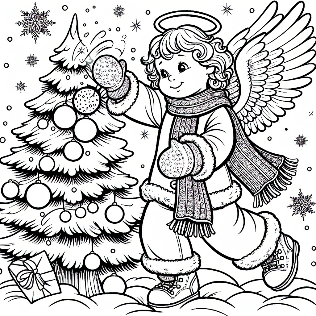Coloring page of a angel, snowball thrower decorating a tree