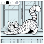 Page à colorier d’un chat du Bengale, minou espiègle s’étirant sur un rebord de fenêtre