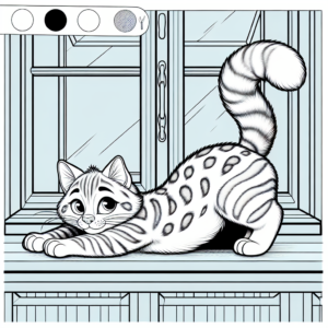 Coloring page of a Bengal cat, mischievous kitty stretching on a windowsill