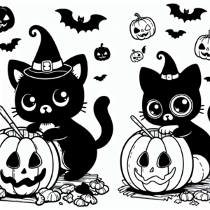 Coloring page of a black cat, trick-or-treater carving a jack-o-lantern