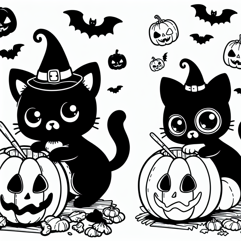 Coloring page of a black cat, trick-or-treater carving a jack-o-lantern