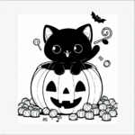 Page à colorier d’un chat noir, farceur sortant d’une citrouille