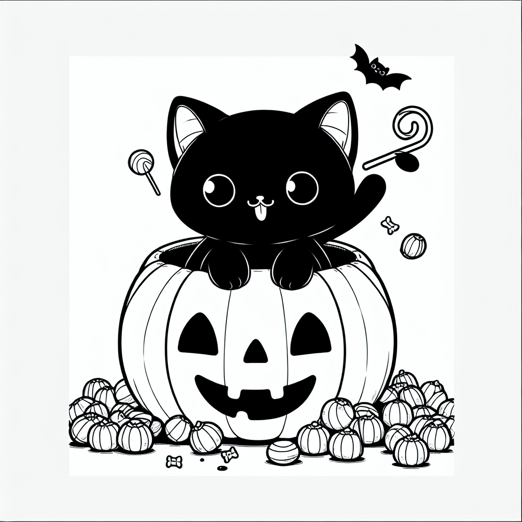 Coloring page of a black cat, trick-or-treater jumping out of a pumpkin