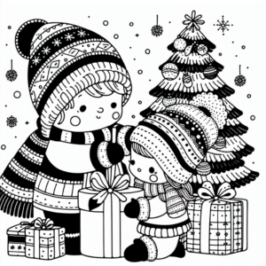 Coloring page of a Christmas tree, holiday helper opening presents