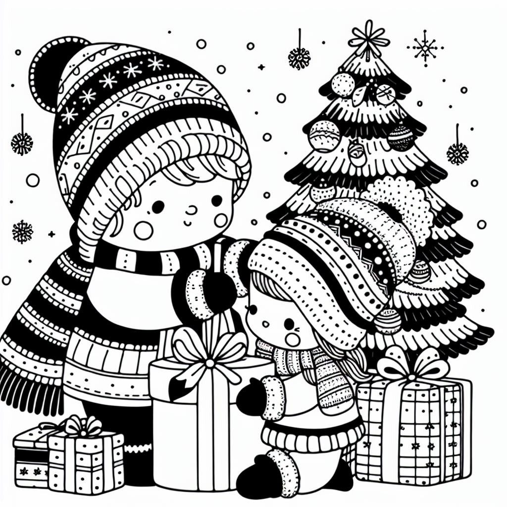 Coloring page of a Christmas tree, holiday helper opening presents