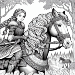 Page de coloriage d’une fille de Clydesdale chevauchant un cheval, princesse guerrière fantastique traversant une forêt