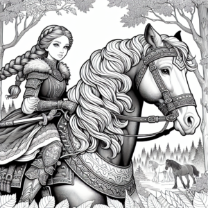 Coloring page of a Clydesdale girl riding a horse, fantasy warrior princess riding through a forest