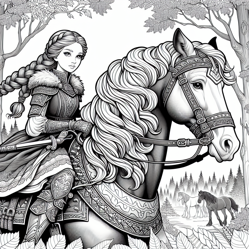 Coloring page of a Clydesdale girl riding a horse, fantasy warrior princess riding through a forest